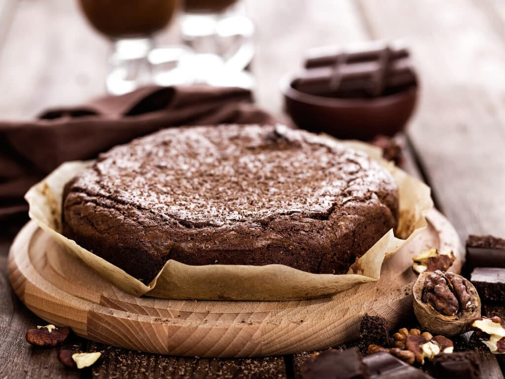 Chocolate cake on table