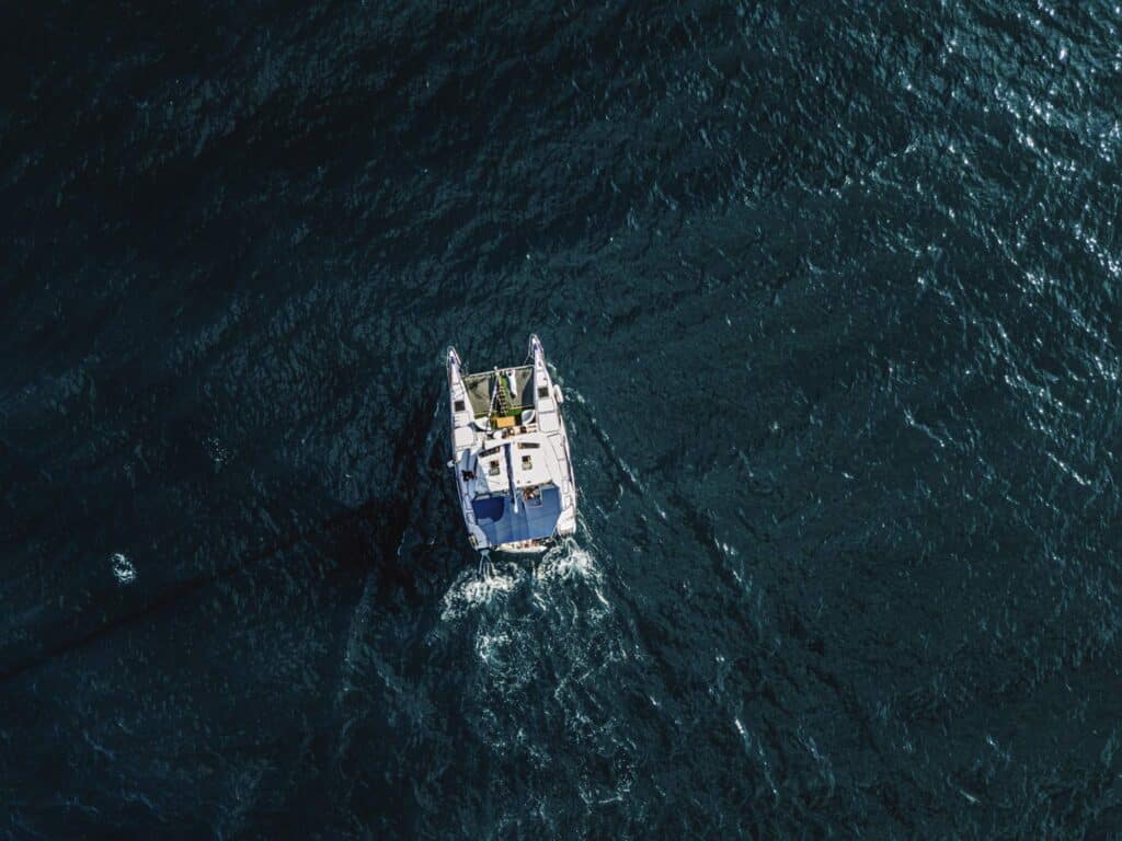 Aerial of a catamaran on the way to Panama