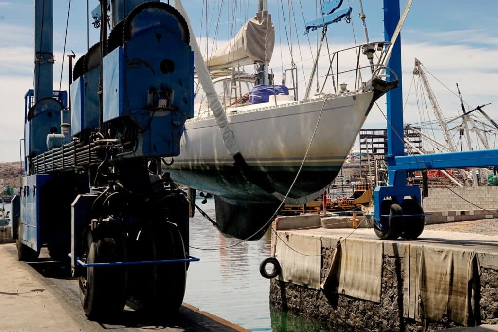 A sailboat lifted out of the water