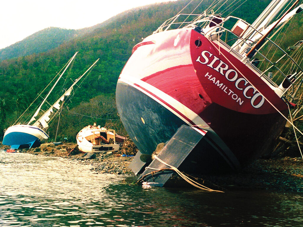 Boats leaning against mangroves