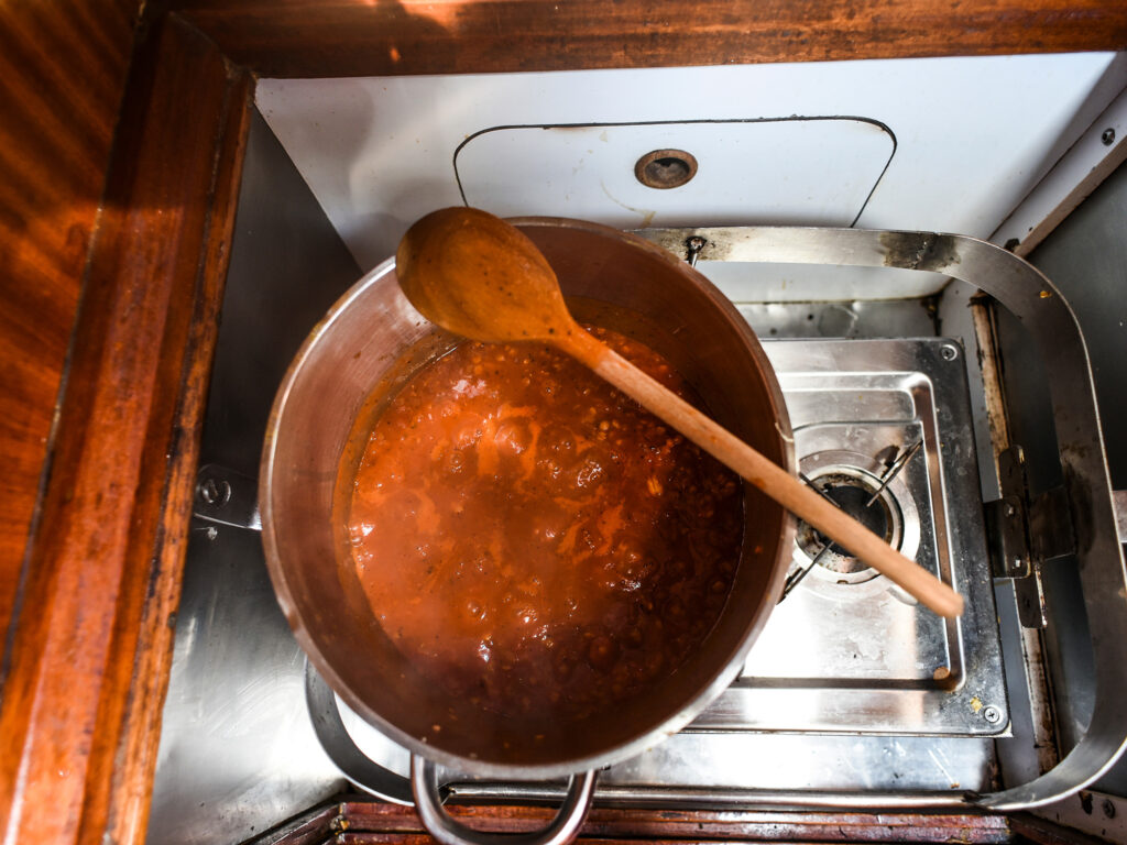 Spaghetti sauce cooked on a yacht