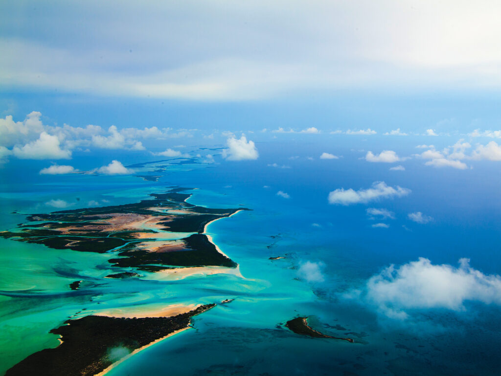 Aerial photography of islands off the coast of the Bahamas